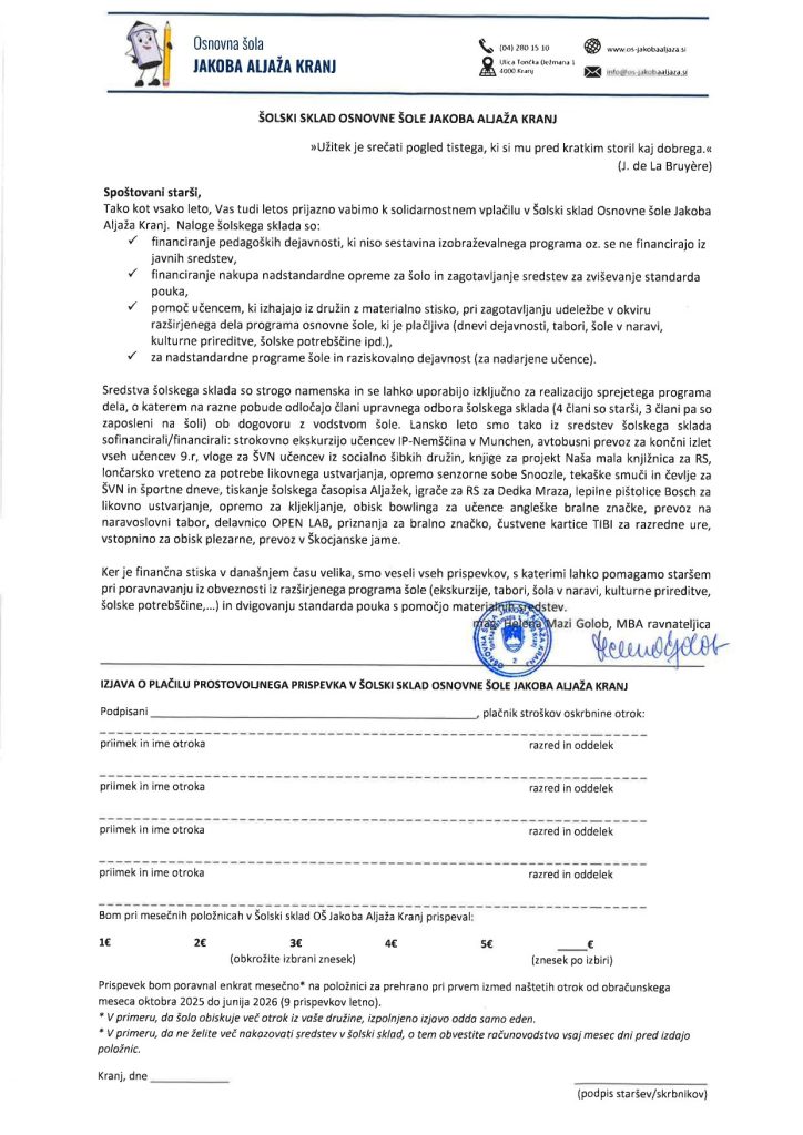 Izjava o plačilu prostovoljnega prispevka v šolski sklad 