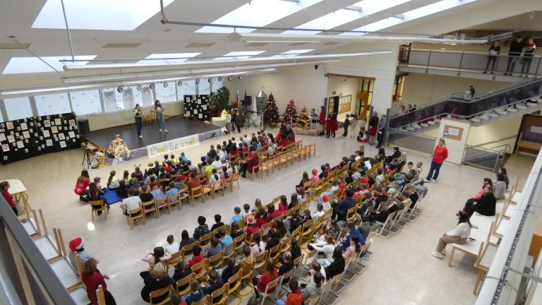 šolska proslava z nastopajočimi učenci na šolskem odru